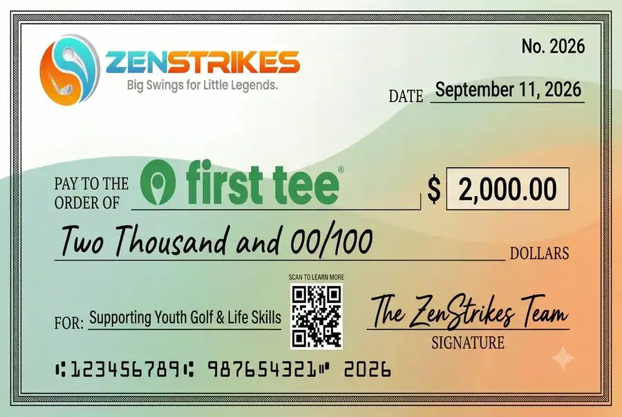 Ceremonial cheque for $2,000 from ZenStrike made out to First Tee